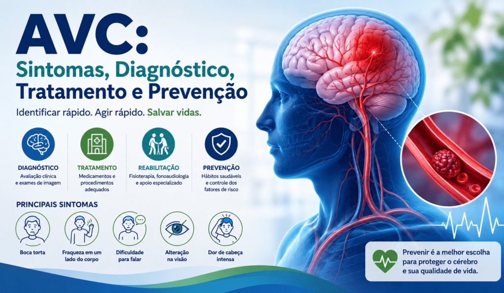 Ilustração mostrando cérebro afetado por AVC e sinais neurológicos