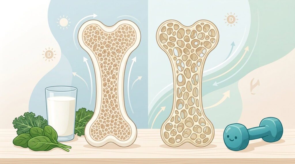 Imagem ilustrativa sobre osteoporose, mostrando ossos saudáveis e ossos afetados pela doença.