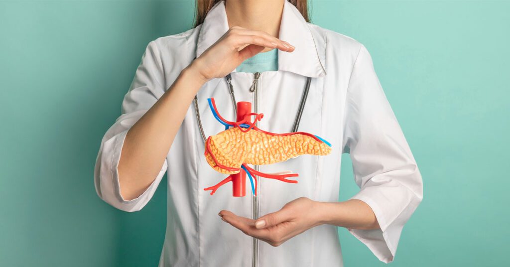 Imagem ilustrativa das principais doenças do pâncreas, incluindo pancreatite, câncer e diabetes