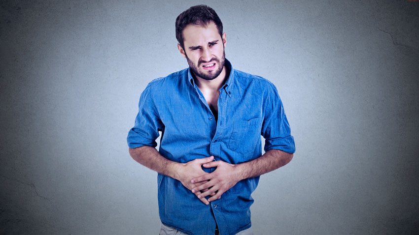 Ilustração representando a síndrome do intestino irritável com gráficos sobre sintomas e tratamento