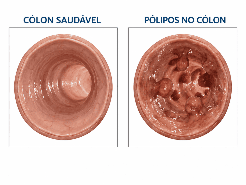 Comparação entre cólon saudável e cólon com pólipos intestinais.