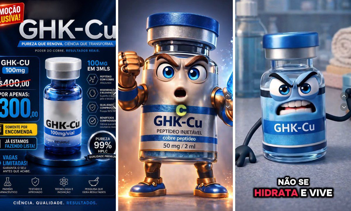 Imagem de um frasco de GHK-Cu com um estetoscópio ao fundo, simbolizando a preocupação com a saúde e regulamentação.